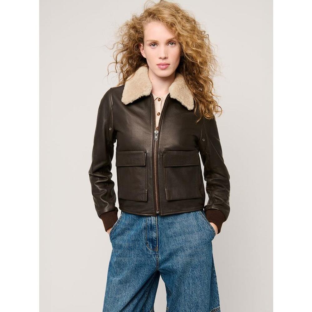 OVERLAND Women's Tracy Leather A-2 Bomber Jacket Size S In Brown/Cream - Picture 2 of 13